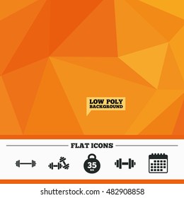 Triangular low poly orange background. Dumbbells sign icons. Fitness sport symbols. Gym workout equipment. Calendar flat icon. Vector