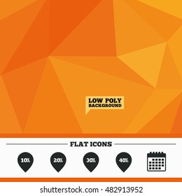 Triangular low poly orange background. Sale pointer tag icons. Discount special offer symbols. 10%, 20%, 30% and 40% percent discount signs. Calendar flat icon. Vector