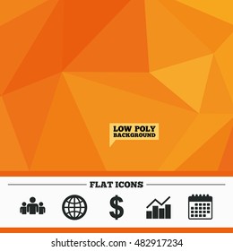 Triangular low poly orange background. Business icons. Graph chart and globe signs. Dollar currency and group of people symbols. Calendar flat icon. Vector