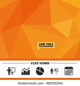 Triangular low poly orange background. Diagram graph Pie chart icon. Presentation billboard symbol. Man standing with pointer sign. Calendar flat icon. Vector