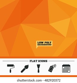 Triangular low poly orange background. Paint roller, brush icons. Spray can and Spatula signs. Wall repair tool and painting symbol. Calendar flat icon. Vector