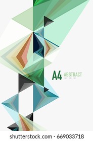 Triangular low poly vector a4 size geometric abstract template. Multicolored triangles on light background, futuristic techno or business design