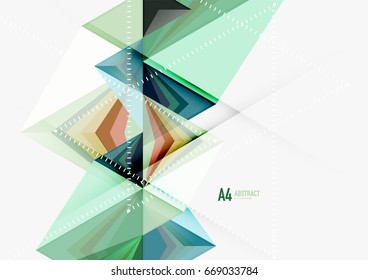Triangular low poly vector a4 size geometric abstract template. Multicolored triangles on light background, futuristic techno or business design