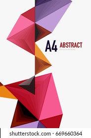 Triangular low poly vector a4 size geometric abstract template. Multicolored triangles on light background, futuristic techno or business design