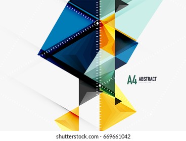 Triangular low poly vector a4 size geometric abstract template. Multicolored triangles on light background, futuristic techno or business design