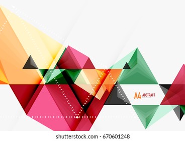 Triangular low poly vector a4 size geometric abstract template. Multicolored triangles on light background, futuristic techno or business design