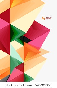 Triangular low poly vector a4 size geometric abstract template. Multicolored triangles on light background, futuristic techno or business design