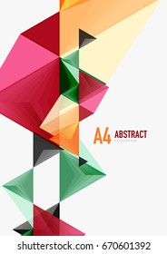 Triangular low poly vector a4 size geometric abstract template. Multicolored triangles on light background, futuristic techno or business design