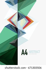 Triangular low poly vector a4 size geometric abstract template. Multicolored triangles on light background, futuristic techno or business design