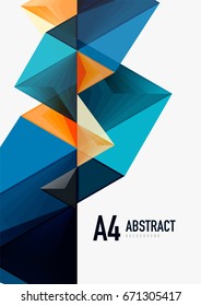 Triangular low poly vector a4 size geometric abstract template. Multicolored triangles on light background, futuristic techno or business design