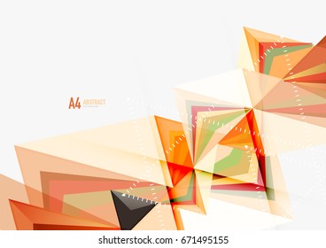 Triangular low poly vector a4 size geometric abstract template. Multicolored triangles on light background, futuristic techno or business design
