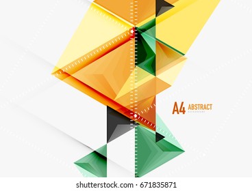Triangular low poly vector a4 size geometric abstract template. Multicolored triangles on light background, futuristic techno or business design