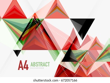 Triangular low poly vector a4 size geometric abstract template. Multicolored triangles on light background, futuristic techno or business design