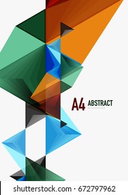 Triangular low poly vector a4 size geometric abstract template. Multicolored triangles on light background, futuristic techno or business design