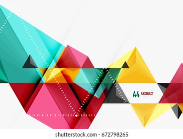 Triangular low poly vector a4 size geometric abstract template. Multicolored triangles on light background, futuristic techno or business design