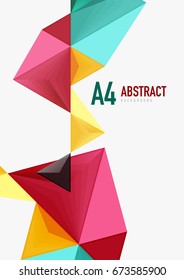 Triangular low poly vector a4 size geometric abstract template. Multicolored triangles on light background, futuristic techno or business design