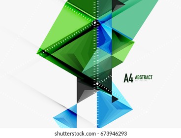 Triangular low poly vector a4 size geometric abstract template. Multicolored triangles on light background, futuristic techno or business design