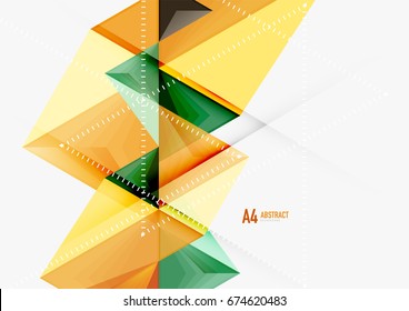 Triangular low poly vector a4 size geometric abstract template. Multicolored triangles on light background, futuristic techno or business design