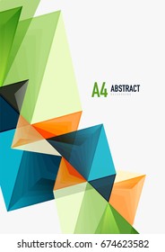 Triangular low poly vector a4 size geometric abstract template. Multicolored triangles on light background, futuristic techno or business design