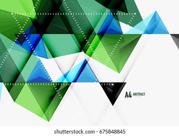 Triangular low poly vector a4 size geometric abstract template. Multicolored triangles on light background, futuristic techno or business design