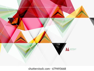 Triangular low poly vector a4 size geometric abstract template. Multicolored triangles on light background, futuristic techno or business design