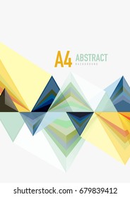 Triangular low poly vector a4 size geometric abstract template. Multicolored triangles on light background, futuristic techno or business design