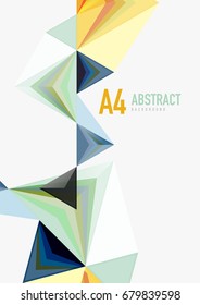 Triangular low poly vector a4 size geometric abstract template. Multicolored triangles on light background, futuristic techno or business design