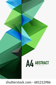 Triangular low poly vector a4 size geometric abstract template. Multicolored triangles on light background, futuristic techno or business design