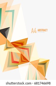 Triangular low poly vector a4 size geometric abstract template. Multicolored triangles on light background, futuristic techno or business design