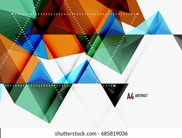 Triangular low poly vector a4 size geometric abstract template. Multicolored triangles on light background, futuristic techno or business design