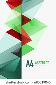 Triangular low poly vector a4 size geometric abstract template. Multicolored triangles on light background, futuristic techno or business design