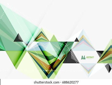 Triangular low poly vector a4 size geometric abstract template. Multicolored triangles on light background, futuristic techno or business design