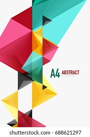 Triangular low poly vector a4 size geometric abstract template. Multicolored triangles on light background, futuristic techno or business design