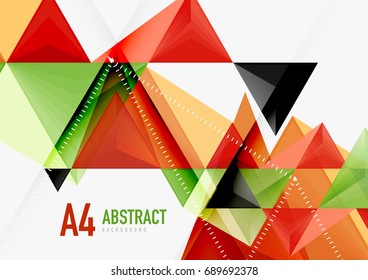 Triangular low poly vector a4 size geometric abstract template. Multicolored triangles on light background, futuristic techno or business design