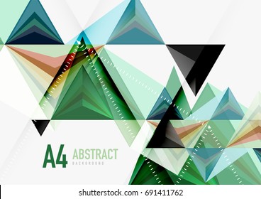 Triangular low poly vector a4 size geometric abstract template. Multicolored triangles on light background, futuristic techno or business design
