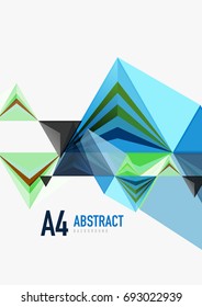 Triangular low poly vector a4 size geometric abstract template. Multicolored triangles on light background, futuristic techno or business design