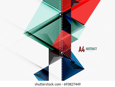Triangular low poly vector a4 size geometric abstract template. Multicolored triangles on light background, futuristic techno or business design