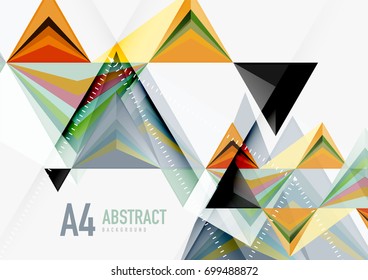 Triangular low poly vector a4 size geometric abstract template. Multicolored triangles on light background, futuristic techno or business design