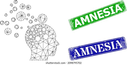 Triangular man idea generation model, and Amnesia blue and green rectangle textured stamp seals. Mesh carcass symbol created from man idea generation icon.