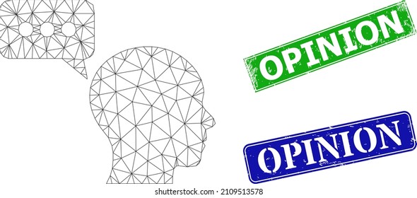 Imagen de opinión triangular del hombre, y precintos sucios de rectángulo azul y verde de Opinión. Imagen de canal poligonal creada a partir del icono de opinión del hombre. Los sellos contienen el título Opinion dentro de la forma rectangular.
