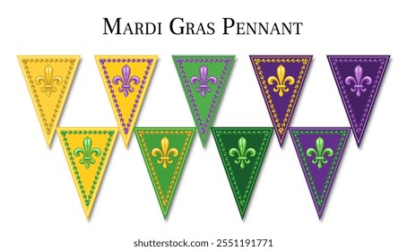 Dreieckige Mardi Gras Wimpel, Fahnen, bunting für Feiertage, Dekoration mit Fleur de Lis Symbol, Masken, Perlen. Design-Element im Vintage-Stil