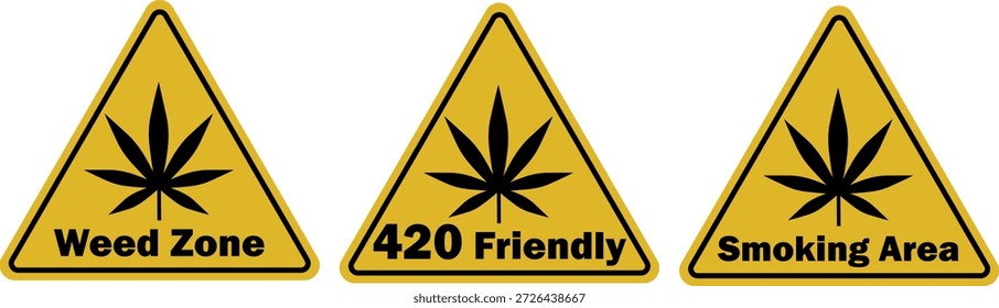 Ícones triangulares de maconha com as palavras "420" e "área de fumantes". Projetado com folhas pretas em um fundo amarelo para cultura de maconha, marca dispensária, eventos, rótulos e uso digital.