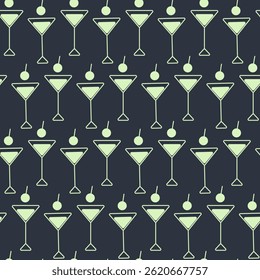 Triangular Martini Glasses and cherry symbolic Seamless background Neon light yellow green on dark