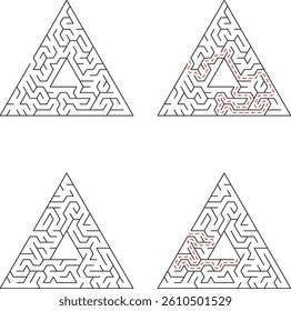 Triangular Maze Design Showing Solution Path In Red Color On White Background