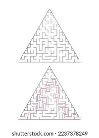 The triangular maze has an entrance and an exit. Maze with the answer, the path of passage