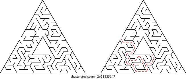 Ilustração de labirinto triangular com caminho e solução mostrando conceito complexo de solução de problemas