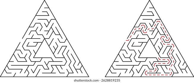 Triangular maze puzzle with solved path showing successful navigation and solution finding