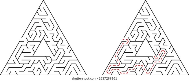 Triangular maze with solved path illustration representing strategy problem solving solution