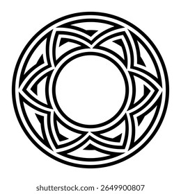 Padrão de meandro triangular. Disco de estilo celta feito de espirais triangulares pontiagudas, semelhantes a pirâmides, perfeitamente repetidas, semelhantes a um padrão de chave grega, rodeadas por dois círculos em negrito. Isolado. Vetor