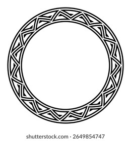 Padrão de meandro triangular, quadro de círculo. Borda decorativa feita de espirais triangulares pontiagudas, semelhantes a pirâmides, perfeitamente repetidas, semelhantes a um padrão de chave grega, rodeadas por dois ciclos ousados. Vetor